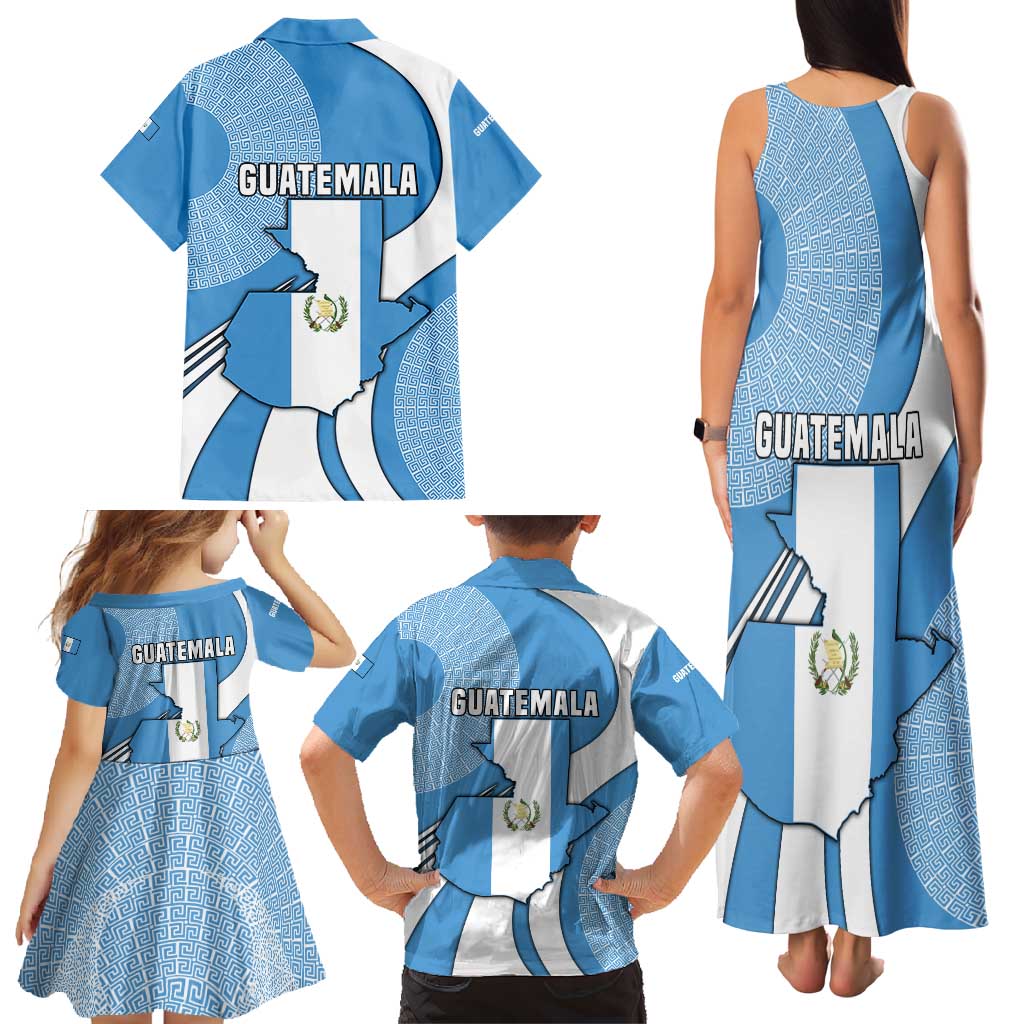 Guatemala Flag Map Family Matching Tank Maxi Dress and Hawaiian Shirt with Blue White Swirl and Geometric Pattern Design - Wonder Print Shop