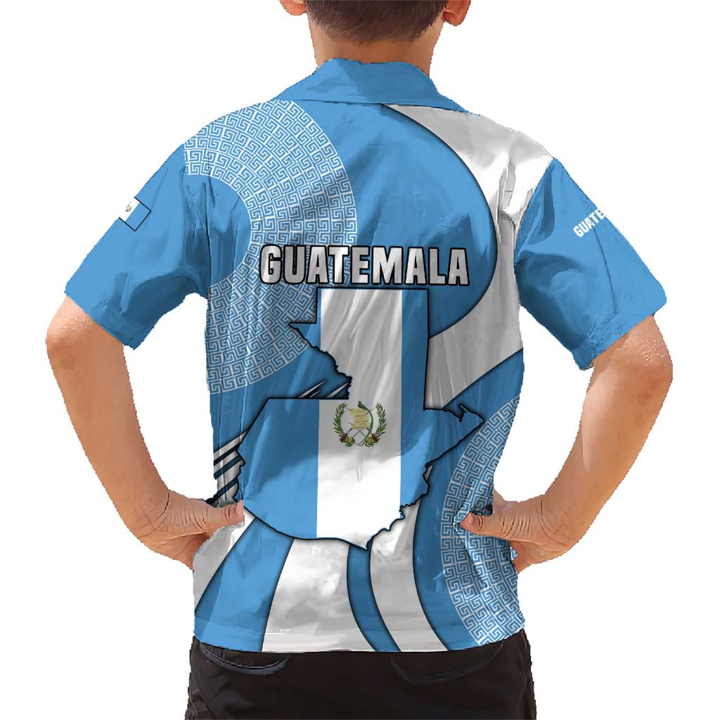 Guatemala Flag Map Kid Hawaiian Shirt with Blue White Swirl and Geometric Pattern Design - Wonder Print Shop