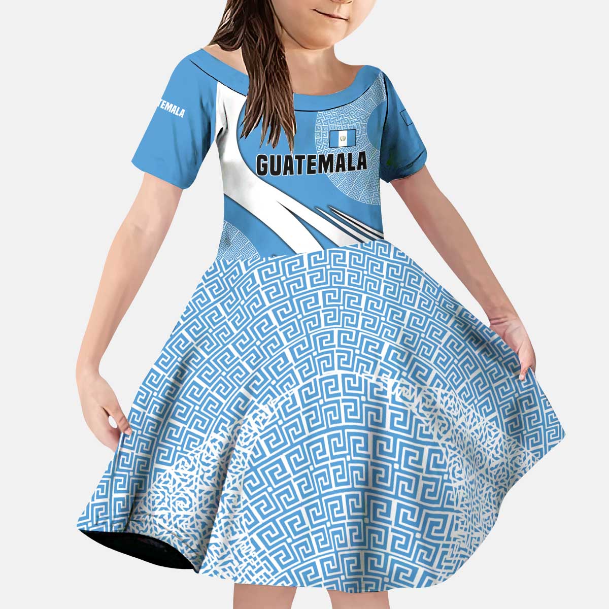 Guatemala Flag Map Kid Short Sleeve Dress with Blue White Swirl and Geometric Pattern Design - Wonder Print Shop