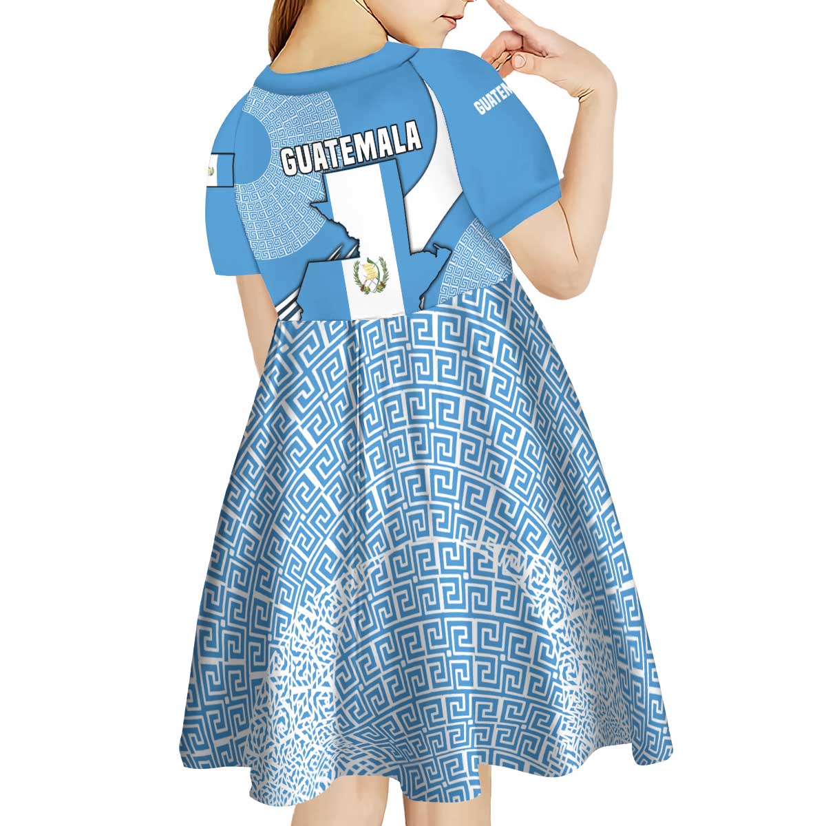 Guatemala Flag Map Kid Short Sleeve Dress with Blue White Swirl and Geometric Pattern Design - Wonder Print Shop
