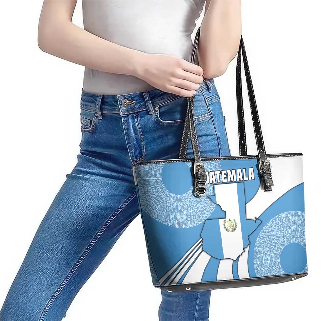Guatemala Flag Map Leather Tote Bag with Blue White Swirl and Geometric Pattern Design - Wonder Print Shop