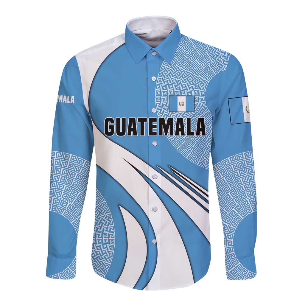 Guatemala Flag Map Long Sleeve Button Shirt with Blue White Swirl and Geometric Pattern Design - Wonder Print Shop