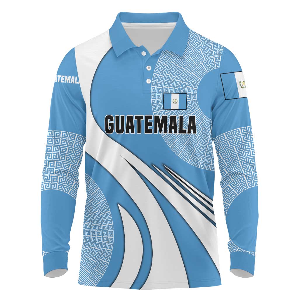 Guatemala Flag Map Long Sleeve Polo Shirt with Blue White Swirl and Geometric Pattern Design - Wonder Print Shop