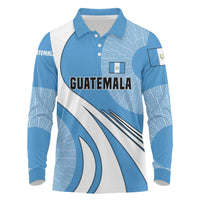 Guatemala Flag Map Long Sleeve Polo Shirt with Blue White Swirl and Geometric Pattern Design - Wonder Print Shop