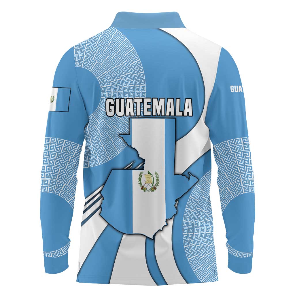 Guatemala Flag Map Long Sleeve Polo Shirt with Blue White Swirl and Geometric Pattern Design - Wonder Print Shop
