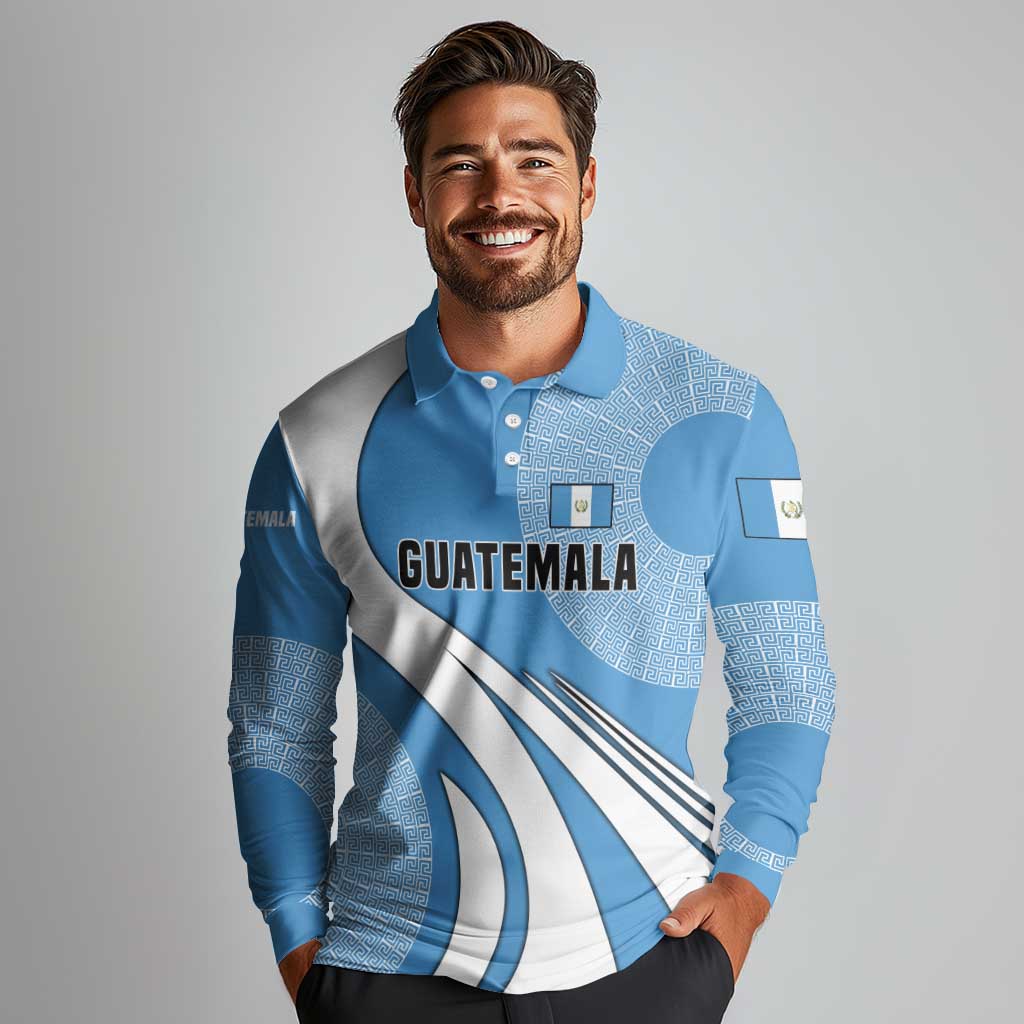 Guatemala Flag Map Long Sleeve Polo Shirt with Blue White Swirl and Geometric Pattern Design - Wonder Print Shop