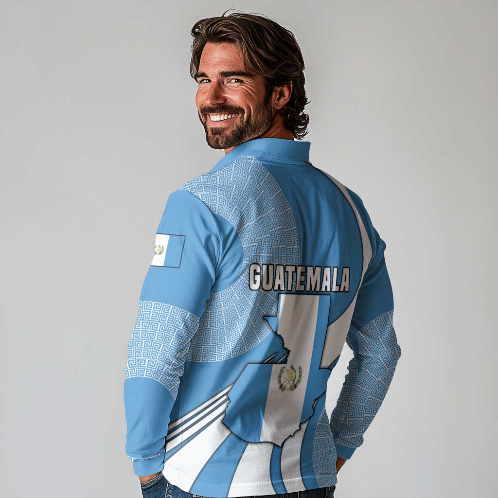Guatemala Flag Map Long Sleeve Polo Shirt with Blue White Swirl and Geometric Pattern Design - Wonder Print Shop