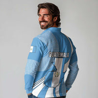 Guatemala Flag Map Long Sleeve Polo Shirt with Blue White Swirl and Geometric Pattern Design - Wonder Print Shop