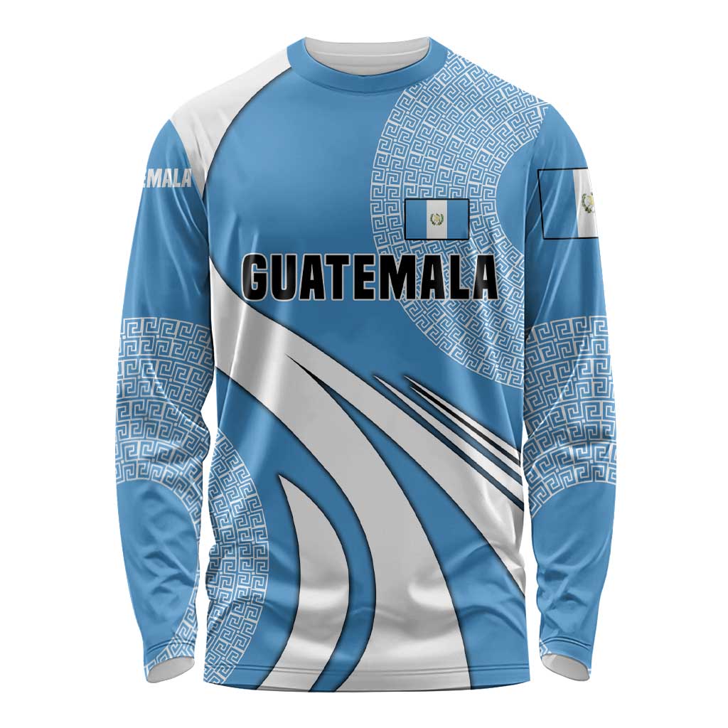 Guatemala Flag Map Long Sleeve Shirt with Blue White Swirl and Geometric Pattern Design - Wonder Print Shop