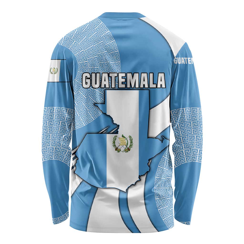 Guatemala Flag Map Long Sleeve Shirt with Blue White Swirl and Geometric Pattern Design - Wonder Print Shop
