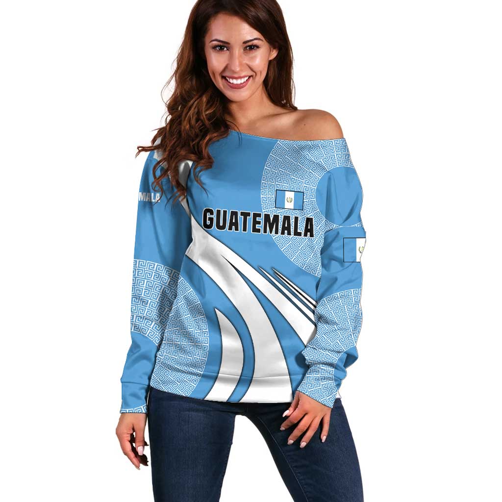 Guatemala Flag Map Off Shoulder Sweater with Blue White Swirl and Geometric Pattern Design - Wonder Print Shop