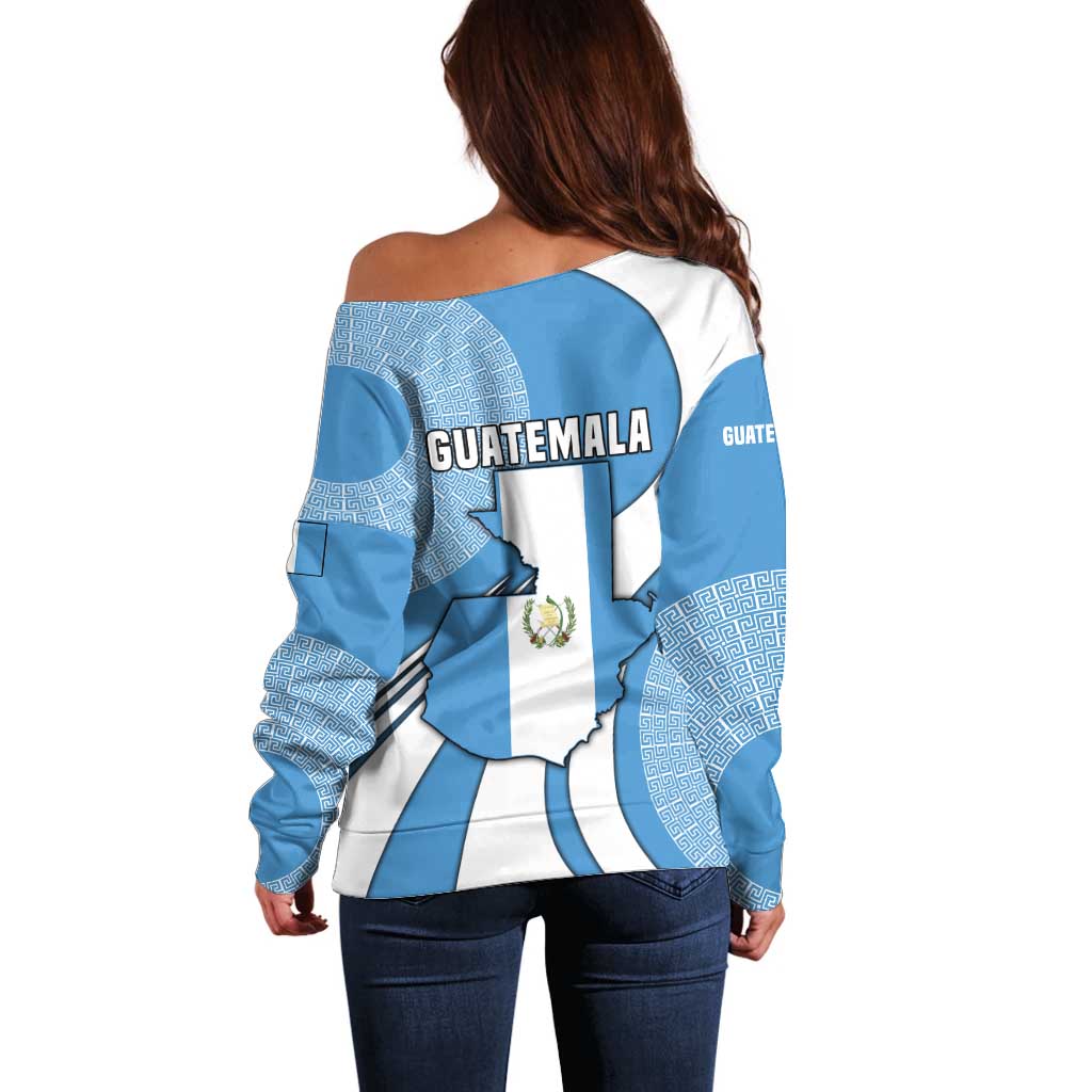 Guatemala Flag Map Off Shoulder Sweater with Blue White Swirl and Geometric Pattern Design - Wonder Print Shop