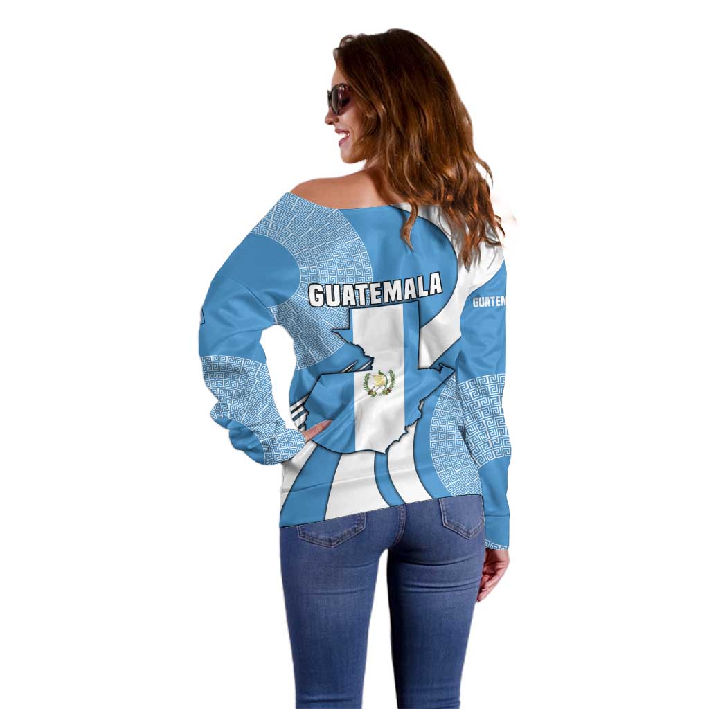 Guatemala Flag Map Off Shoulder Sweater with Blue White Swirl and Geometric Pattern Design - Wonder Print Shop