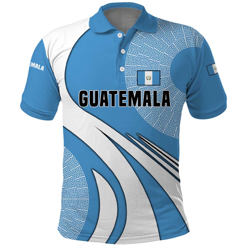 Guatemala Flag Map Polo Shirt with Blue White Swirl and Geometric Pattern Design - Wonder Print Shop