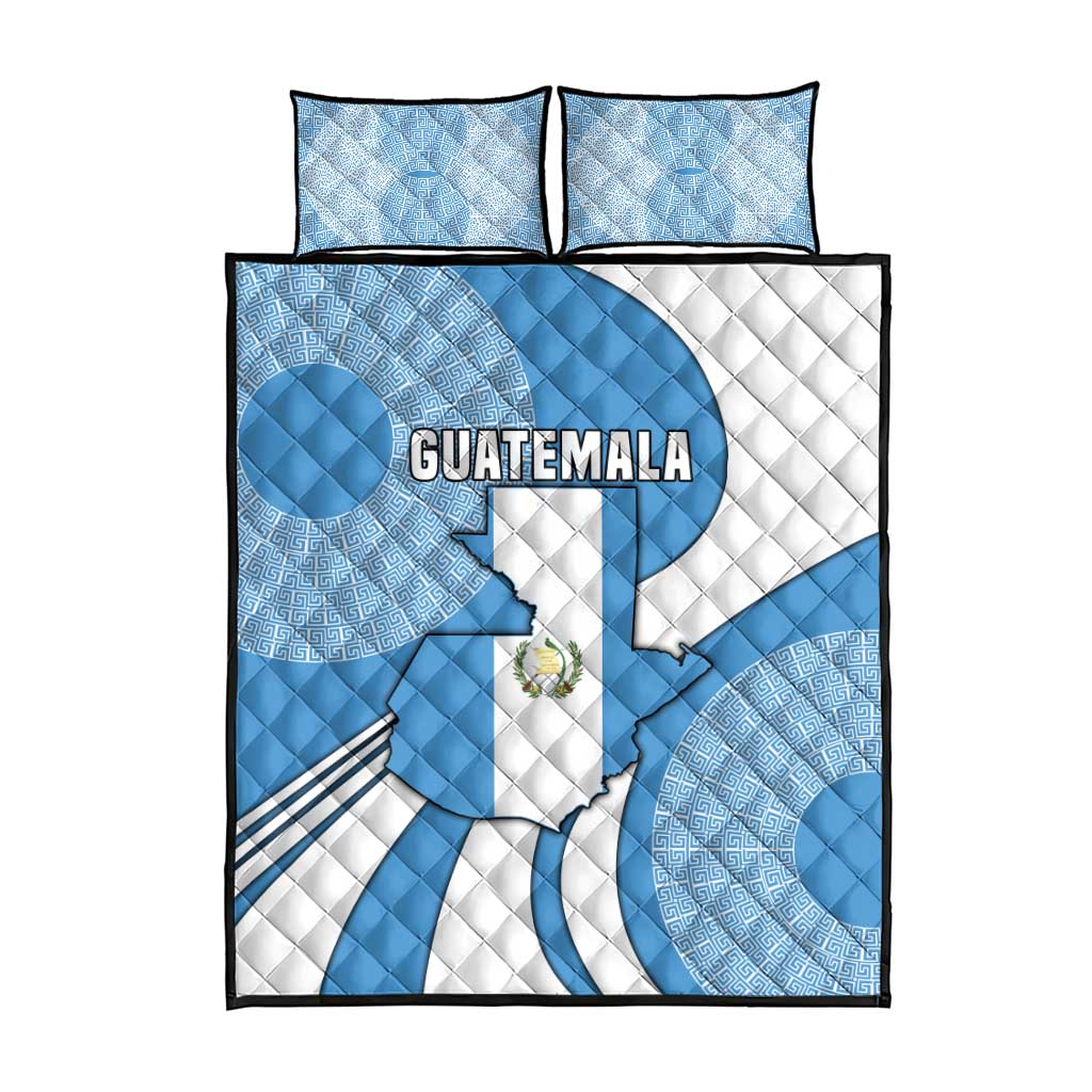 Guatemala Flag Map Quilt Bed Set with Blue White Swirl and Geometric Pattern Design - Wonder Print Shop