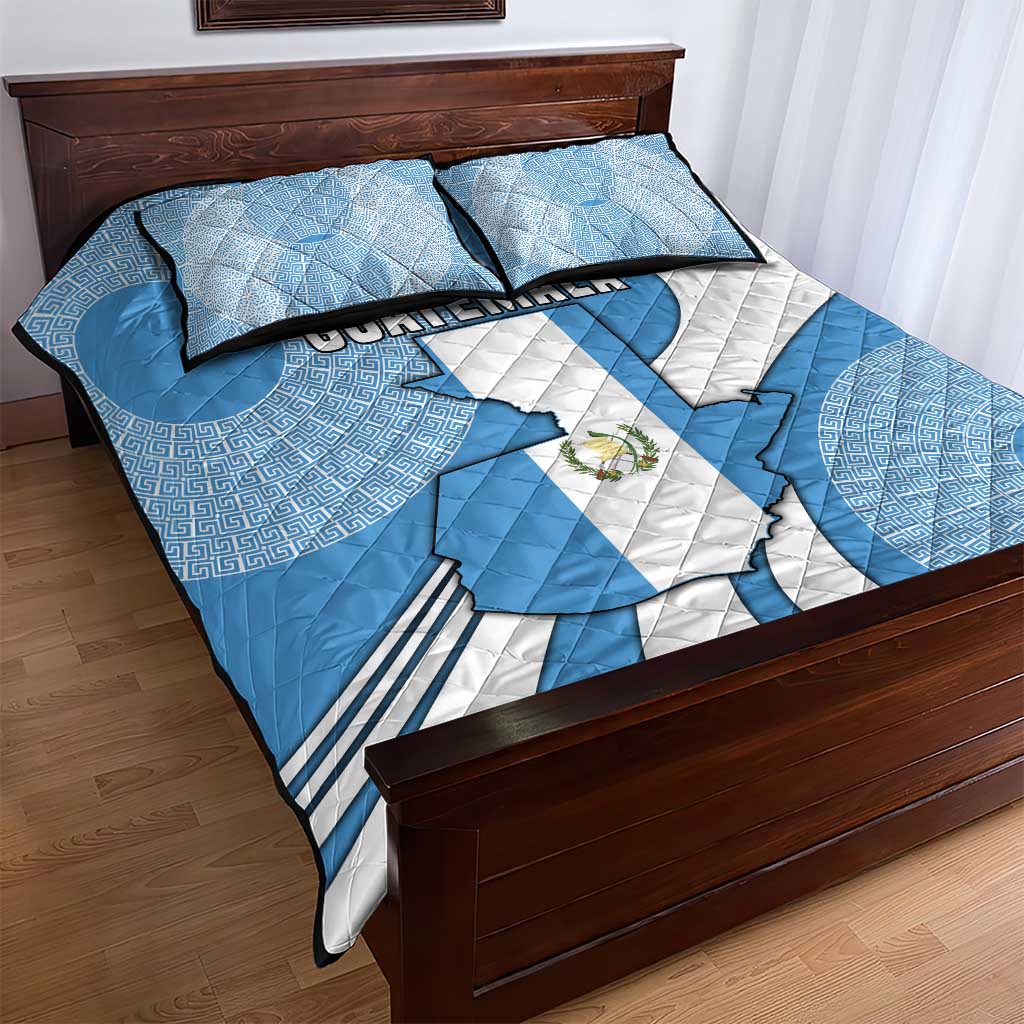 Guatemala Flag Map Quilt Bed Set with Blue White Swirl and Geometric Pattern Design - Wonder Print Shop