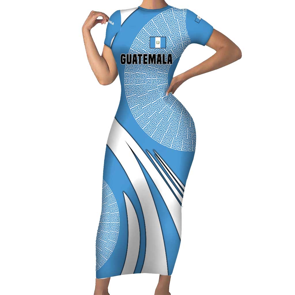 Guatemala Flag Map Short Sleeve Bodycon Dress with Blue White Swirl and Geometric Pattern Design - Wonder Print Shop