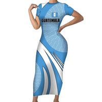 Guatemala Flag Map Short Sleeve Bodycon Dress with Blue White Swirl and Geometric Pattern Design - Wonder Print Shop