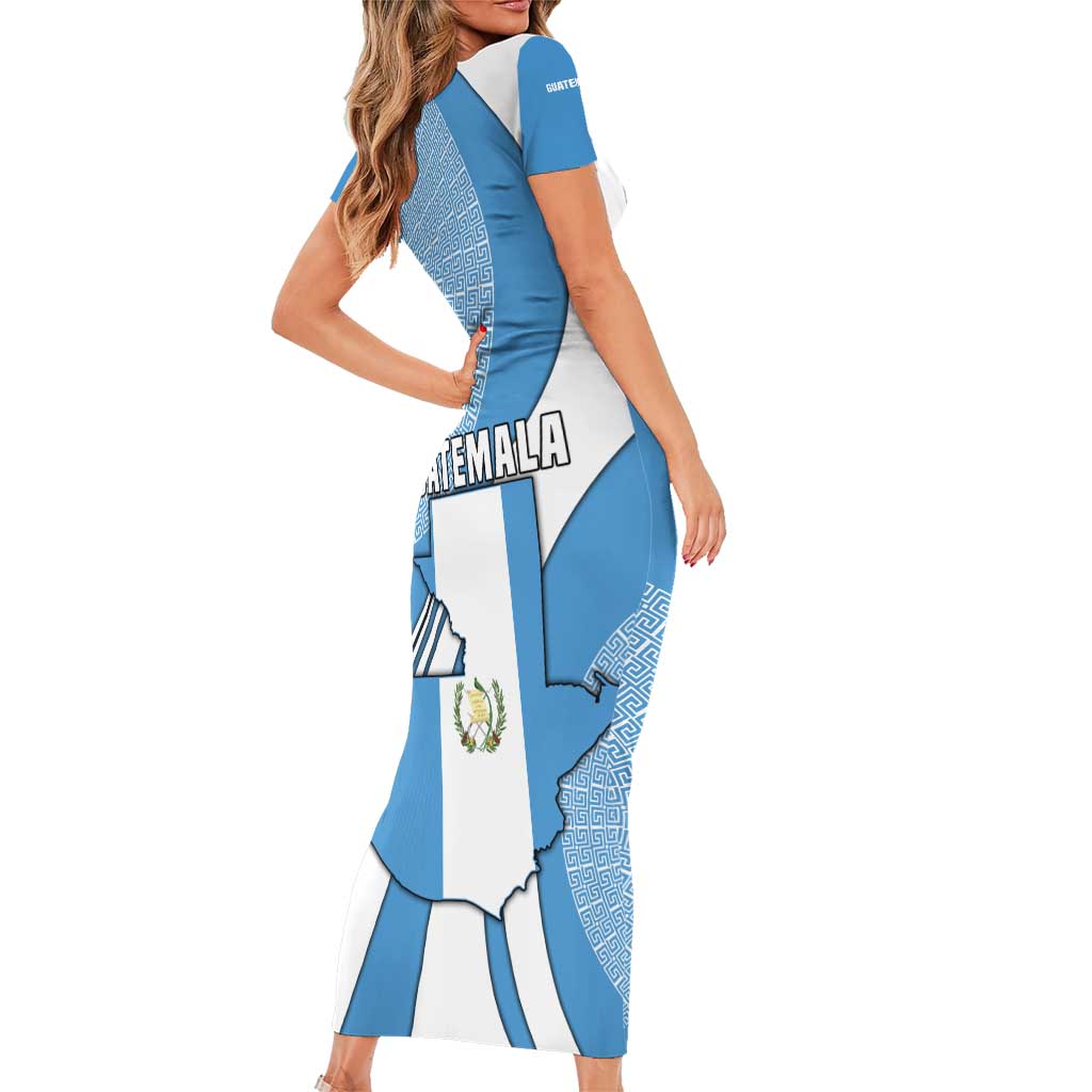 Guatemala Flag Map Short Sleeve Bodycon Dress with Blue White Swirl and Geometric Pattern Design - Wonder Print Shop