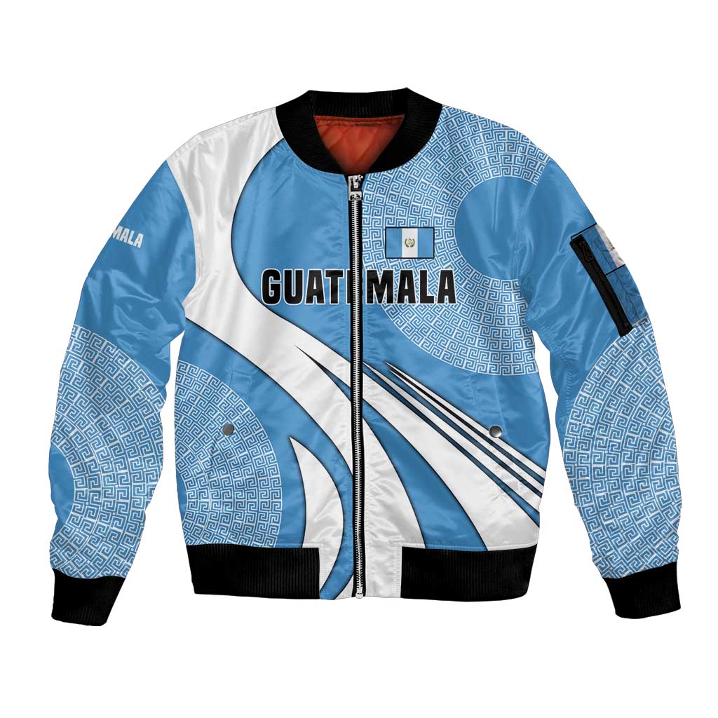 Guatemala Flag Map Sleeve Zip Bomber Jacket with Blue White Swirl and Geometric Pattern Design - Wonder Print Shop