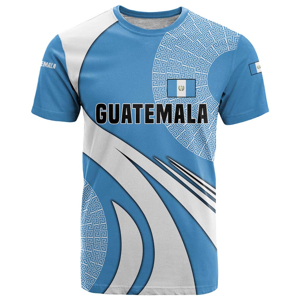Guatemala Flag Map T Shirt with Blue White Swirl and Geometric Pattern Design - Wonder Print Shop