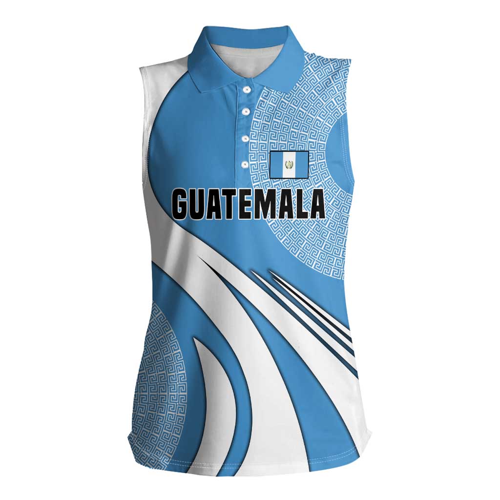 Guatemala Flag Map Women Sleeveless Polo Shirt with Blue White Swirl and Geometric Pattern Design - Wonder Print Shop