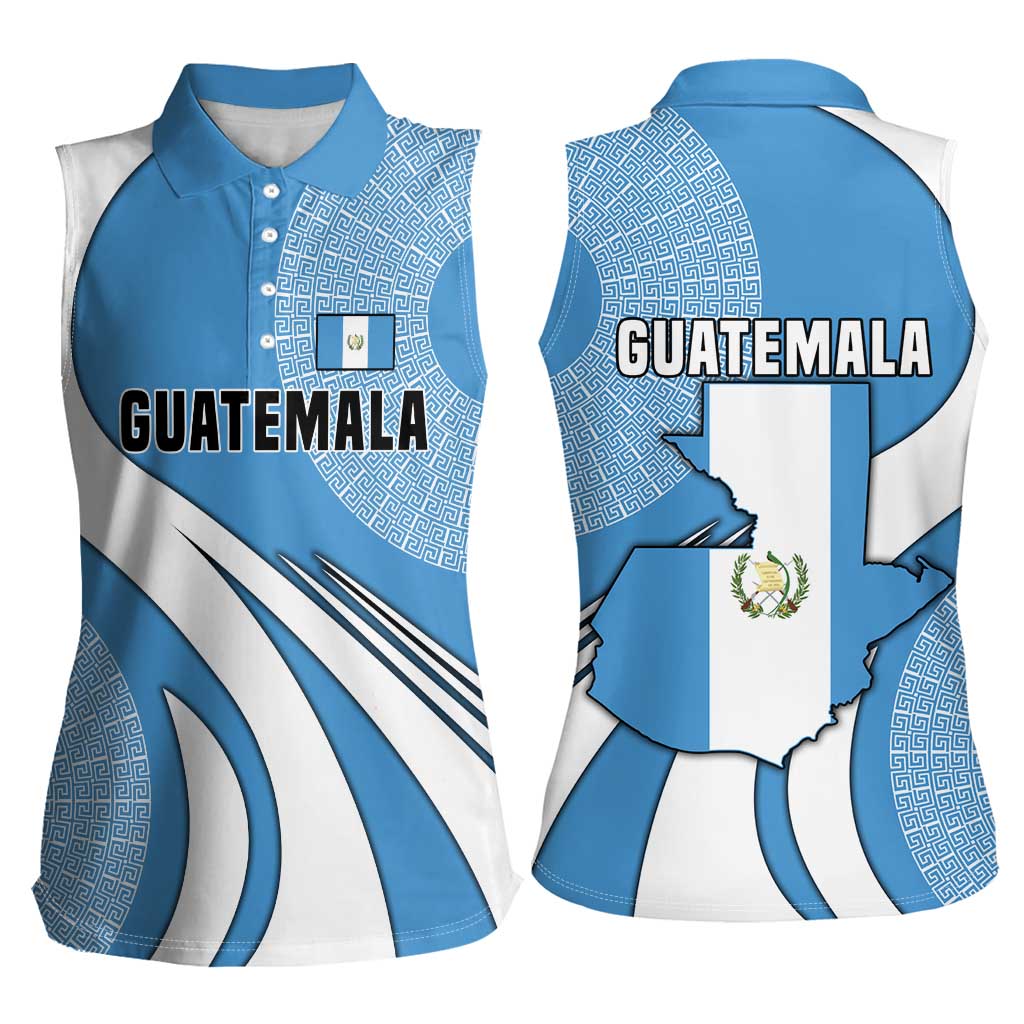 Guatemala Flag Map Women Sleeveless Polo Shirt with Blue White Swirl and Geometric Pattern Design - Wonder Print Shop
