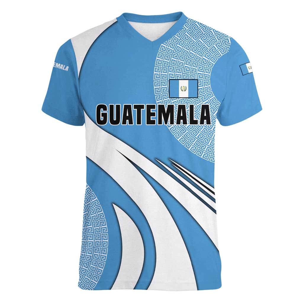 Guatemala Flag Map Women V-Neck T-Shirt with Blue White Swirl and Geometric Pattern Design - Wonder Print Shop