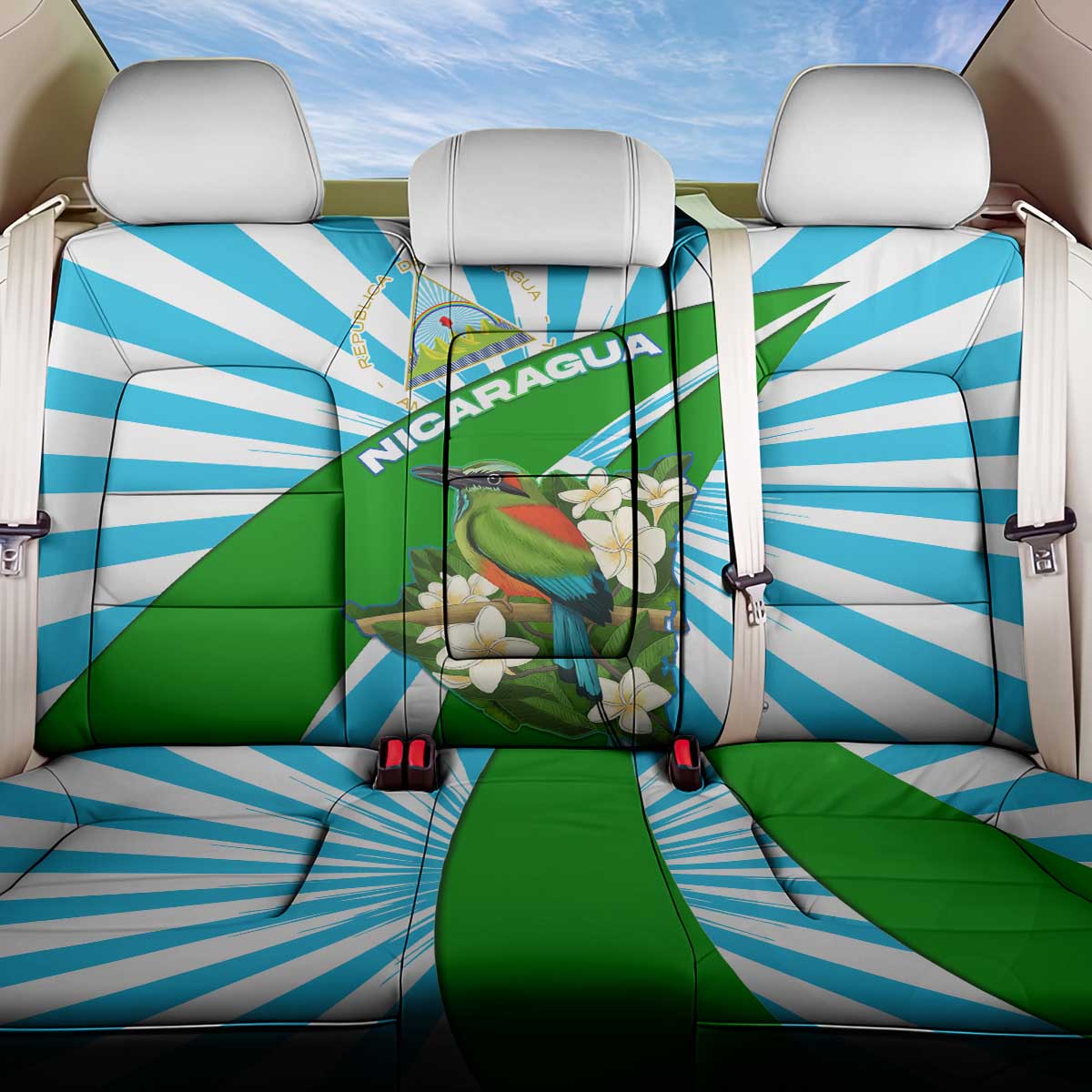 Nicaragua National Bird Back Car Seat Cover with White Flor de Sacuanjoche and Blue Stripe Design - Wonder Print Shop