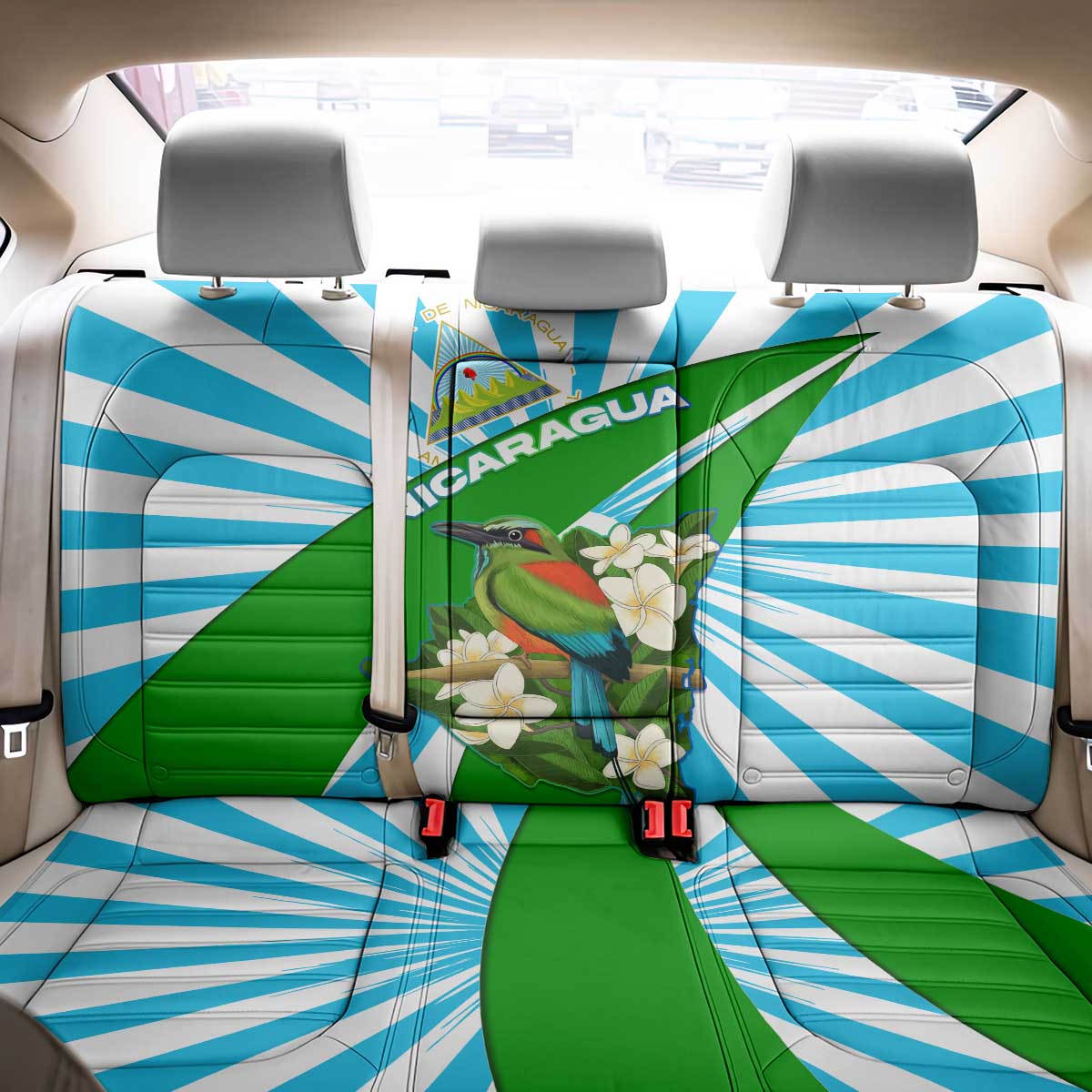 Nicaragua National Bird Back Car Seat Cover with White Flor de Sacuanjoche and Blue Stripe Design - Wonder Print Shop