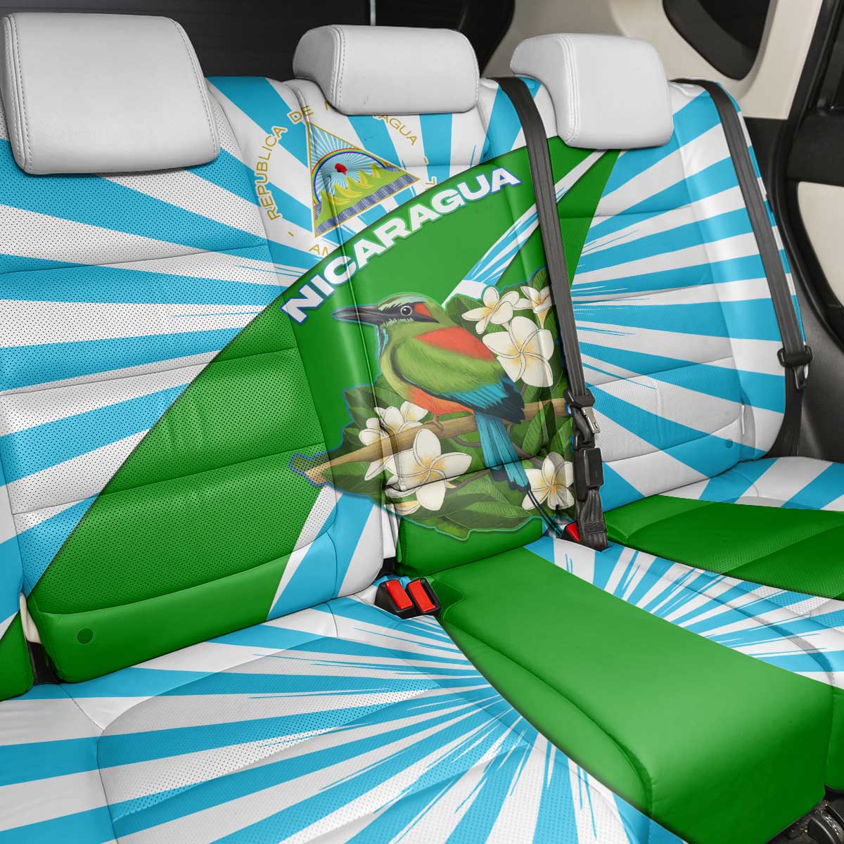 Nicaragua National Bird Back Car Seat Cover with White Flor de Sacuanjoche and Blue Stripe Design - Wonder Print Shop