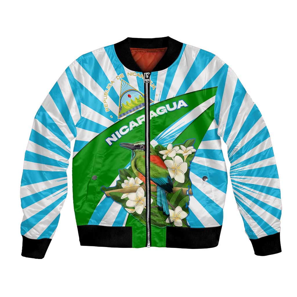 Nicaragua National Bird Bomber Jacket with White Flor de Sacuanjoche and Blue Stripe Design - Wonder Print Shop