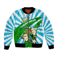 Nicaragua National Bird Bomber Jacket with White Flor de Sacuanjoche and Blue Stripe Design - Wonder Print Shop