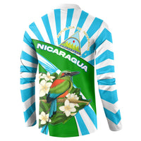 Nicaragua National Bird Button Sweatshirt with White Flor de Sacuanjoche and Blue Stripe Design - Wonder Print Shop