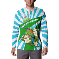 Nicaragua National Bird Button Sweatshirt with White Flor de Sacuanjoche and Blue Stripe Design - Wonder Print Shop