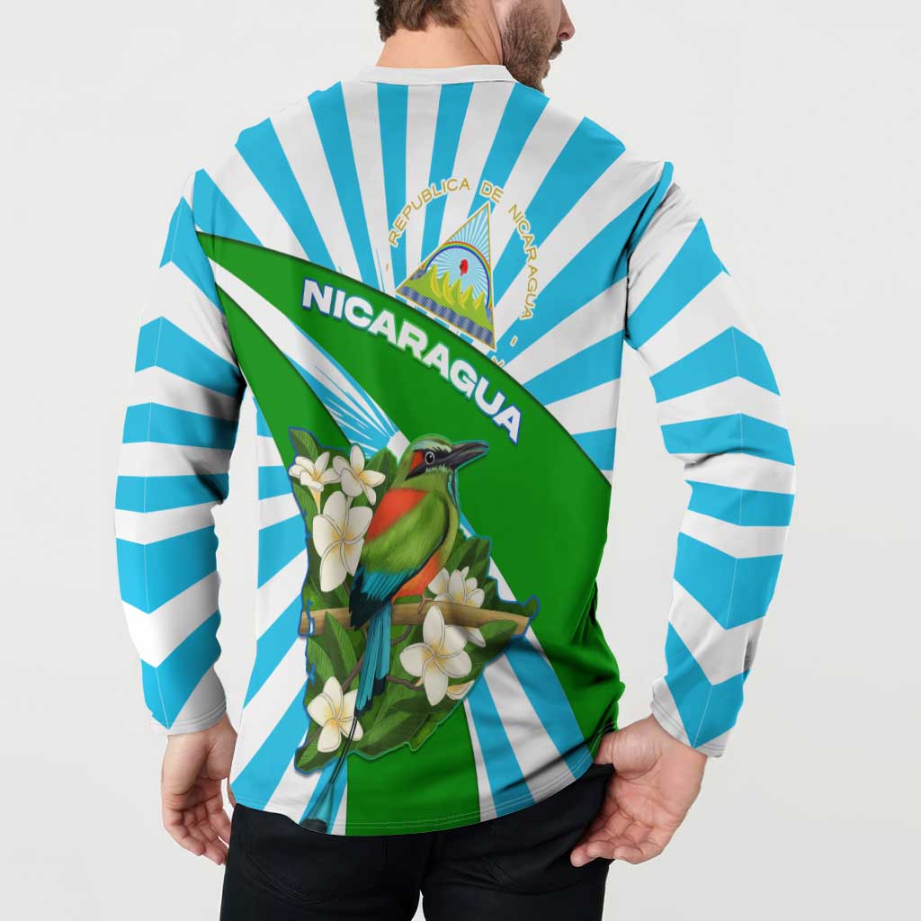 Nicaragua National Bird Button Sweatshirt with White Flor de Sacuanjoche and Blue Stripe Design - Wonder Print Shop