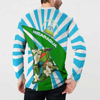 Nicaragua National Bird Button Sweatshirt with White Flor de Sacuanjoche and Blue Stripe Design - Wonder Print Shop