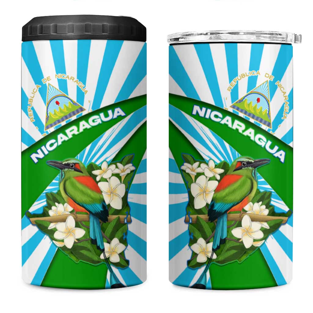 Nicaragua National Bird 4 in 1 Can Cooler Tumbler with White Flor de Sacuanjoche and Blue Stripe Design - Wonder Print Shop