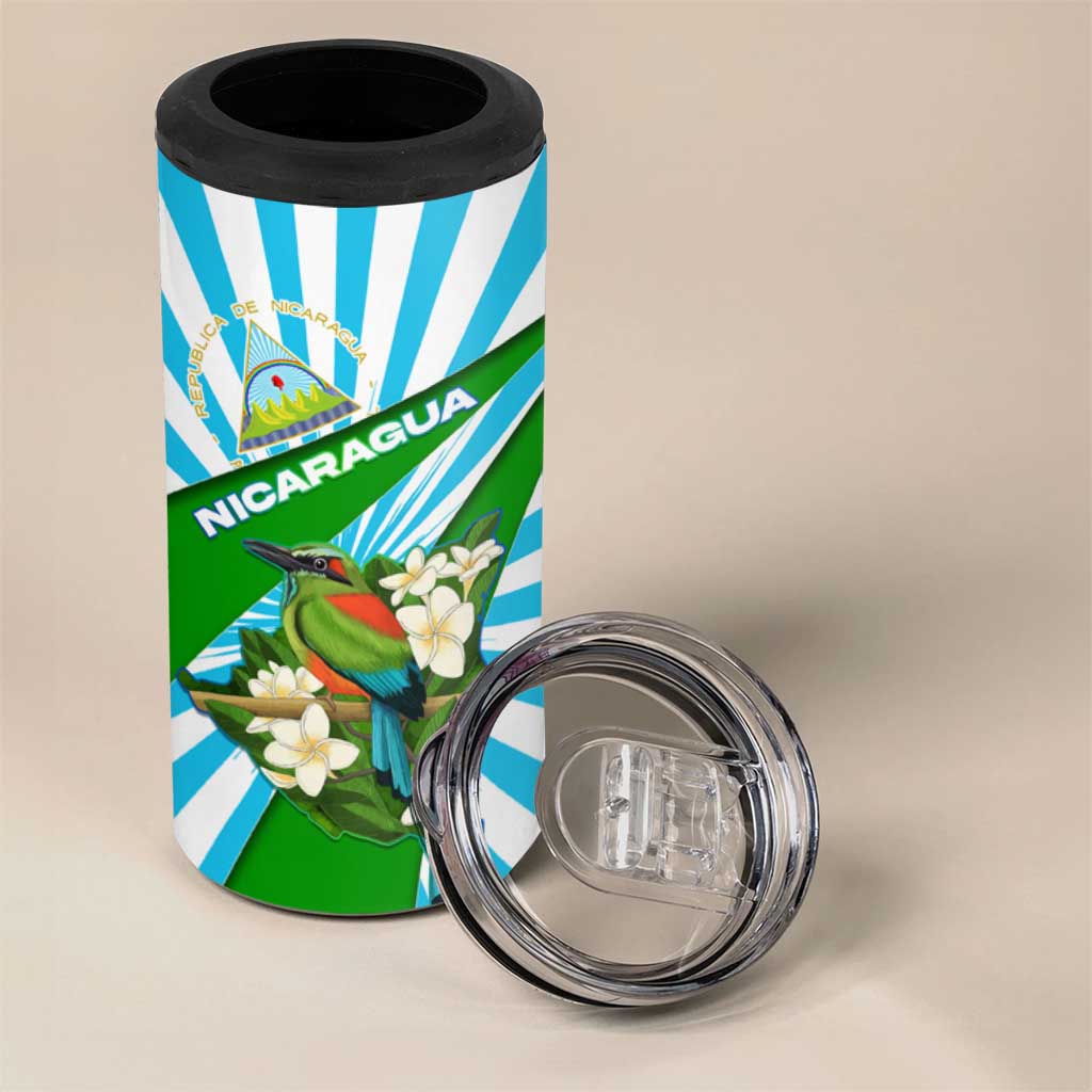 Nicaragua National Bird 4 in 1 Can Cooler Tumbler with White Flor de Sacuanjoche and Blue Stripe Design - Wonder Print Shop