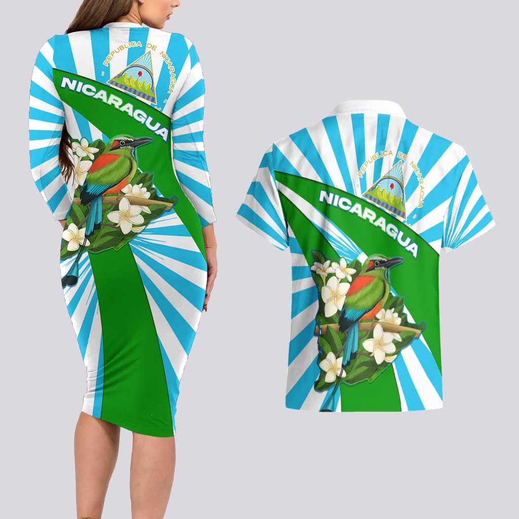 Nicaragua National Bird Couples Matching Long Sleeve Bodycon Dress and Hawaiian Shirt with White Flor de Sacuanjoche and Blue Stripe Design - Wonder Print Shop