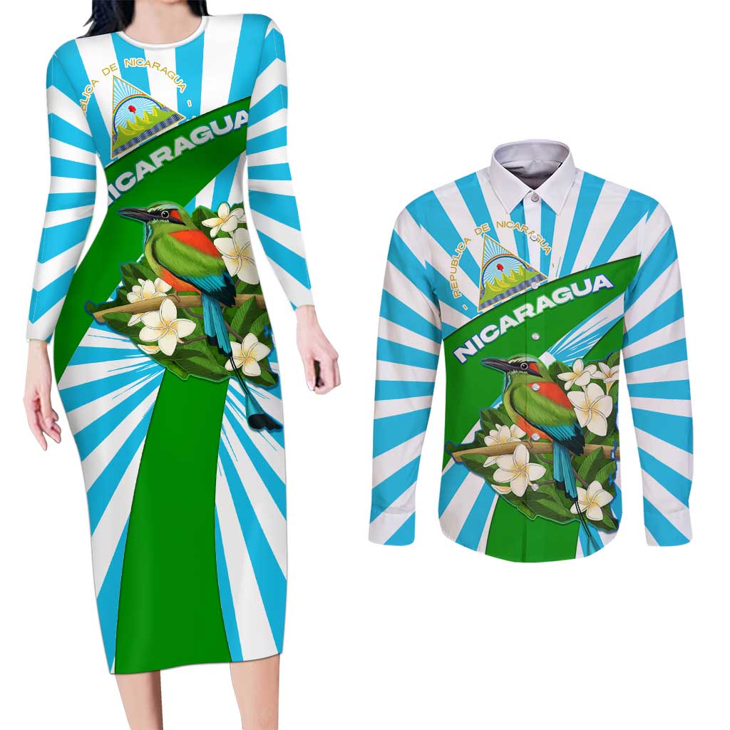 Nicaragua National Bird Couples Matching Long Sleeve Bodycon Dress and Long Sleeve Button Shirt with White Flor de Sacuanjoche and Blue Stripe Design - Wonder Print Shop