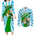Nicaragua National Bird Couples Matching Long Sleeve Bodycon Dress and Long Sleeve Button Shirt with White Flor de Sacuanjoche and Blue Stripe Design - Wonder Print Shop