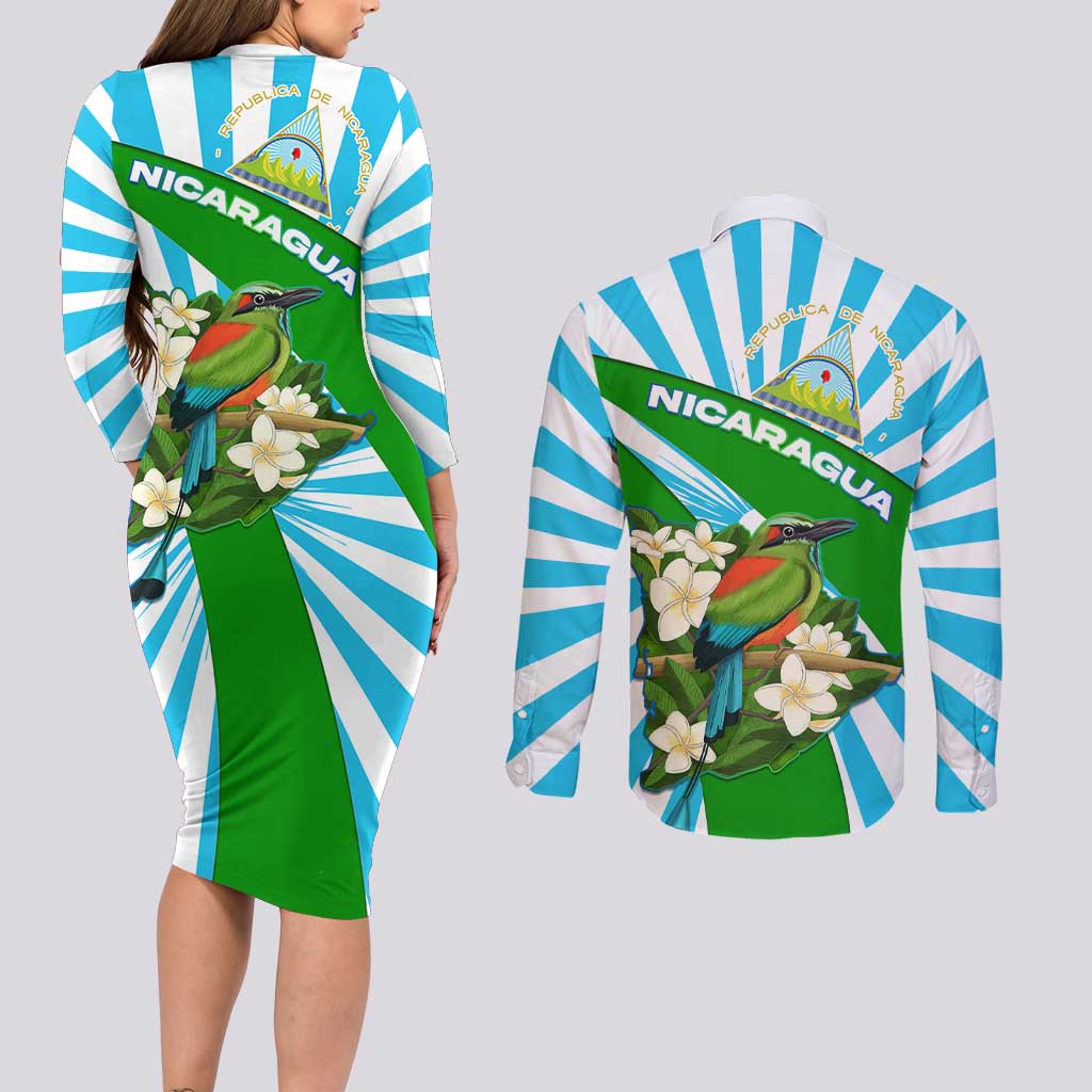 Nicaragua National Bird Couples Matching Long Sleeve Bodycon Dress and Long Sleeve Button Shirt with White Flor de Sacuanjoche and Blue Stripe Design - Wonder Print Shop