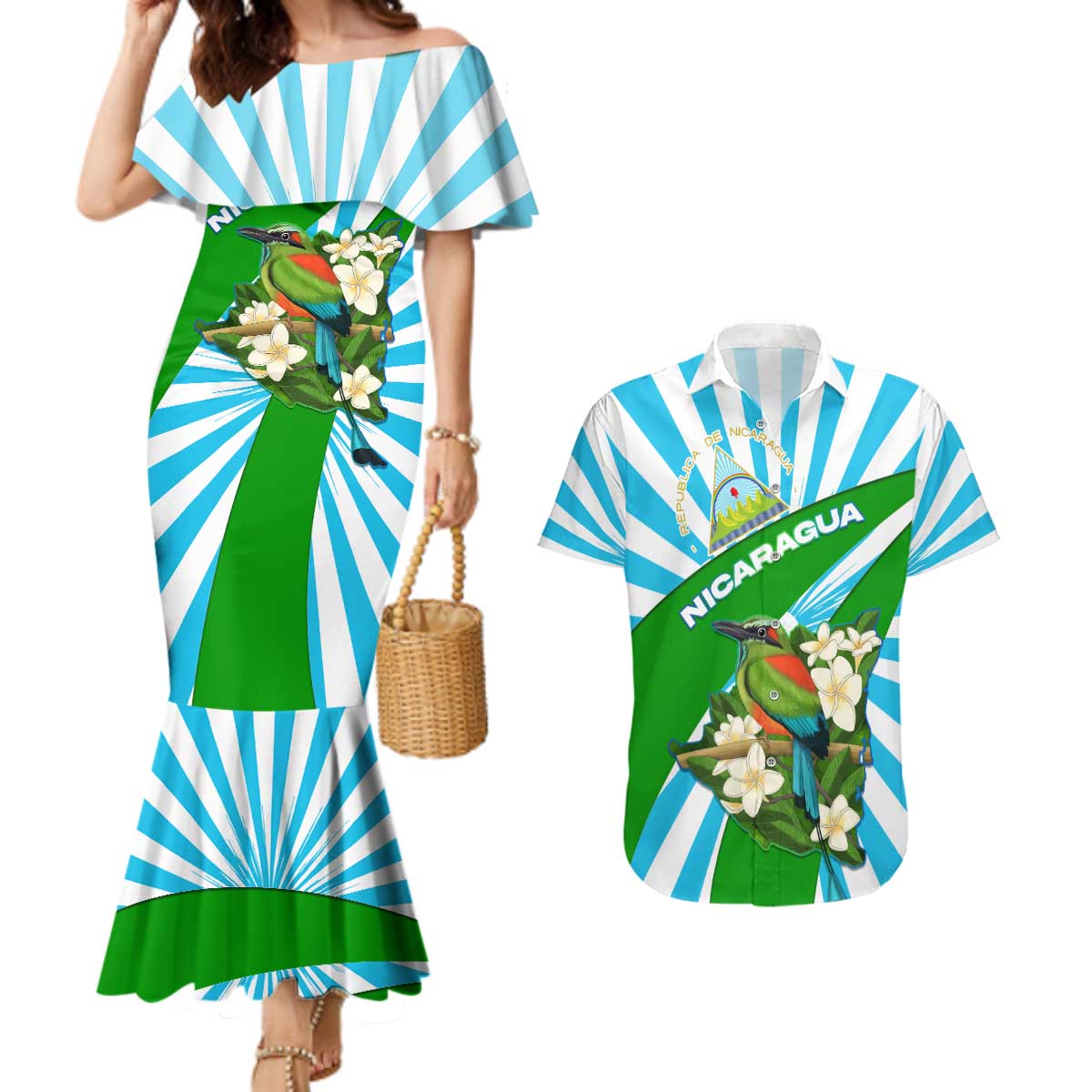 Nicaragua National Bird Couples Matching Mermaid Dress and Hawaiian Shirt with White Flor de Sacuanjoche and Blue Stripe Design - Wonder Print Shop