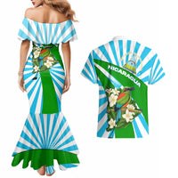 Nicaragua National Bird Couples Matching Mermaid Dress and Hawaiian Shirt with White Flor de Sacuanjoche and Blue Stripe Design - Wonder Print Shop