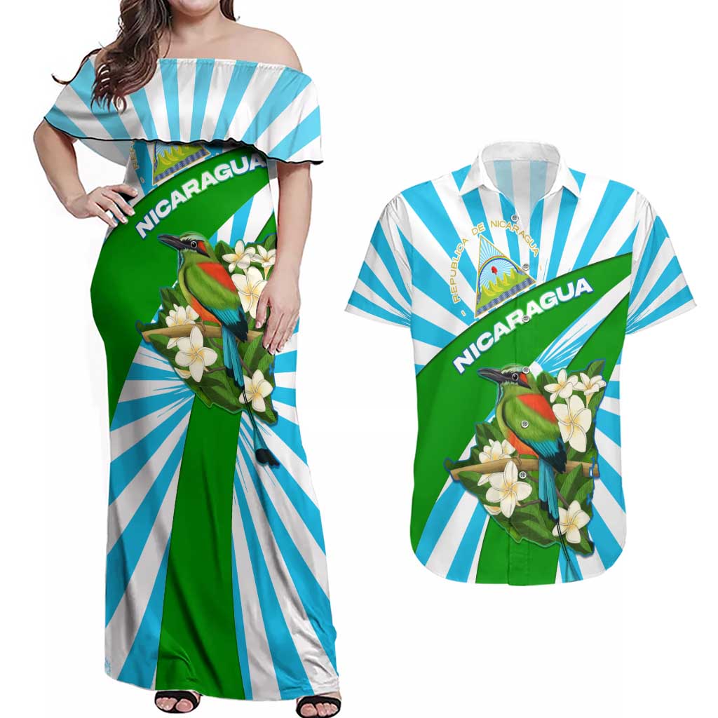 Nicaragua National Bird Couples Matching Off Shoulder Maxi Dress and Hawaiian Shirt with White Flor de Sacuanjoche and Blue Stripe Design - Wonder Print Shop