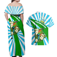 Nicaragua National Bird Couples Matching Off Shoulder Maxi Dress and Hawaiian Shirt with White Flor de Sacuanjoche and Blue Stripe Design - Wonder Print Shop