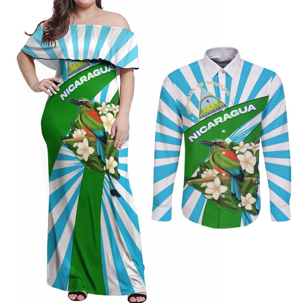 Nicaragua National Bird Couples Matching Off Shoulder Maxi Dress and Long Sleeve Button Shirt with White Flor de Sacuanjoche and Blue Stripe Design - Wonder Print Shop