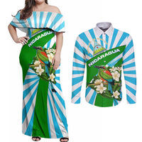 Nicaragua National Bird Couples Matching Off Shoulder Maxi Dress and Long Sleeve Button Shirt with White Flor de Sacuanjoche and Blue Stripe Design - Wonder Print Shop