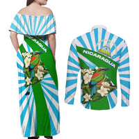 Nicaragua National Bird Couples Matching Off Shoulder Maxi Dress and Long Sleeve Button Shirt with White Flor de Sacuanjoche and Blue Stripe Design - Wonder Print Shop